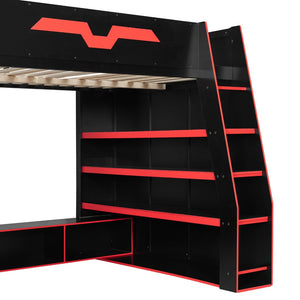 English Elm Full Size Wood Loft Bed with Rgb Lighting Desk and Multi-tier Shelves for Gaming Red LT000374AAR