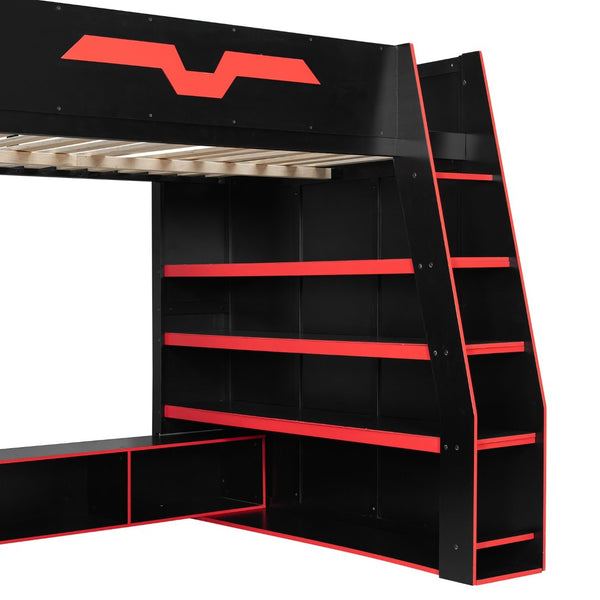 English Elm Full Size Wood Loft Bed with Rgb Lighting Desk and Multi-tier Shelves for Gaming Red LT000374AAR