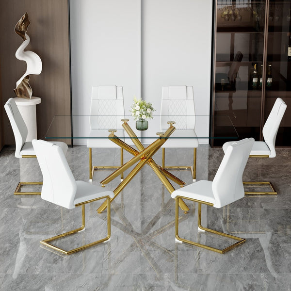 English Elm Table Modern Luxurious 6-Piece Dining Set With Transparent Glass Top, Gold Accents & White Chairs W1151S02587-GIGA