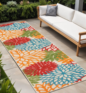 Homeroots 12' Green And Ivory Floral Indoor-outdoor Runner Rug - Stylish, Durable, Perfect For Any Space 2? X 12? Runner Polypropylene 384605