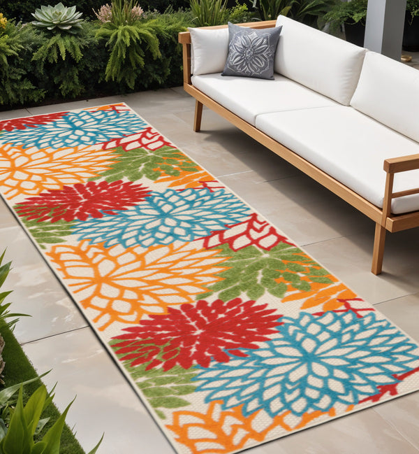 Homeroots 12' Green And Ivory Floral Indoor-outdoor Runner Rug - Stylish, Durable, Perfect For Any Space 2? X 12? Runner Polypropylene 384605