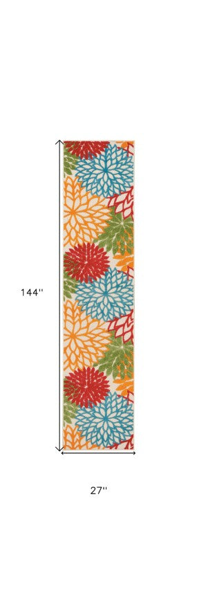 Homeroots 12' Green And Ivory Floral Indoor-outdoor Runner Rug - Stylish, Durable, Perfect For Any Space 2? X 12? Runner Polypropylene 384605