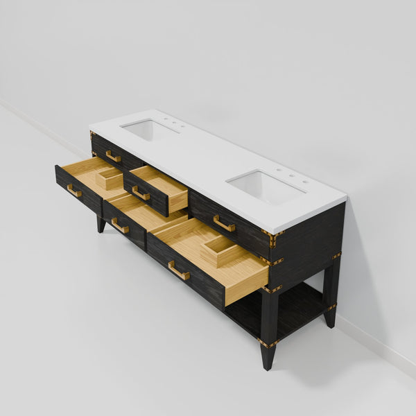 English Elm Black Oak Double Bath Vanity 72" W X 22" D With Elegant White Quartz Top & Ample Storage Space B2731P261047