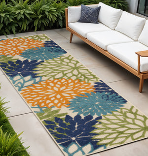 Homeroots 12' Green And Ivory Floral Indoor-outdoor Runner Rug - Stylish, Durable, Perfect For Any Space 12' Runner Polypropylene 384626