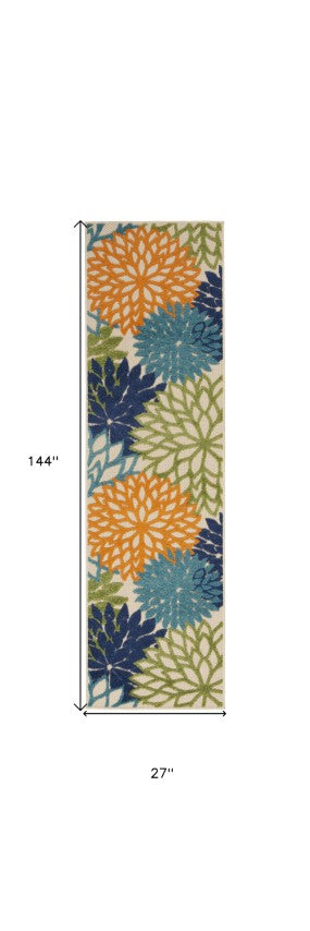Homeroots 12' Green And Ivory Floral Indoor-outdoor Runner Rug - Stylish, Durable, Perfect For Any Space 12' Runner Polypropylene 384626