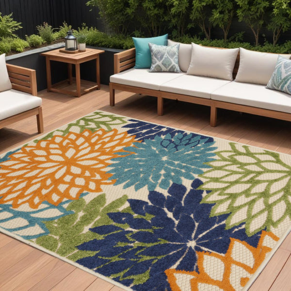 HomeRoots 8' Elegant Ivory and Blue Indoor Outdoor Area Rug with Timeless Floral Design for Any Space 8?x11' 384644