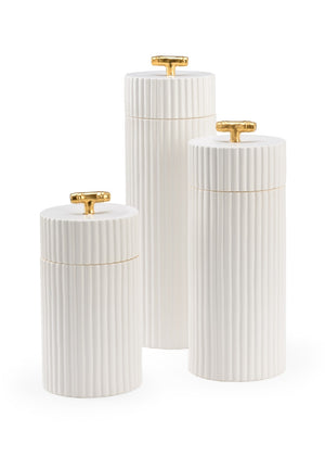 Chelsea House White White Glazed Ceramic Canisters With Gold Bamboo Handles By Claire Bell — 3-Piece Decorative Storage Set, Versatile Elegance 384647