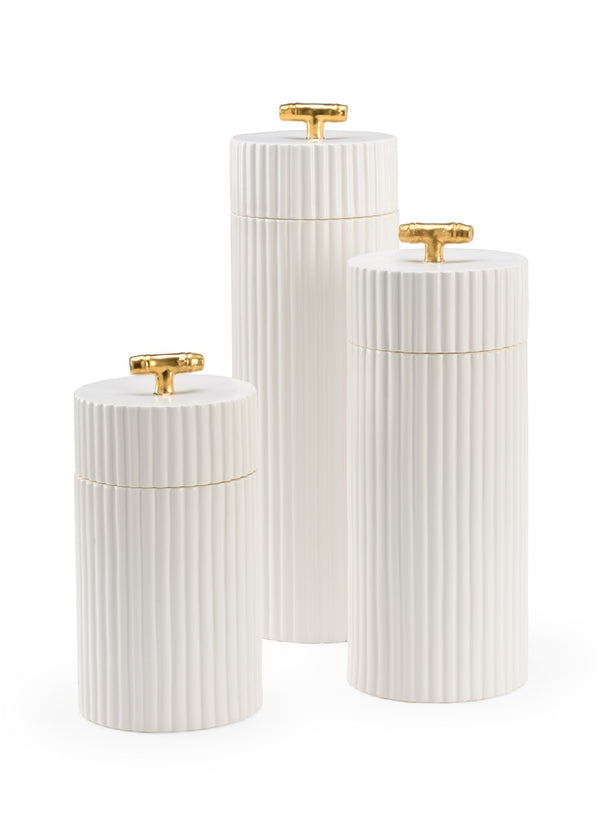 Chelsea House White White Glazed Ceramic Canisters With Gold Bamboo Handles By Claire Bell — 3-Piece Decorative Storage Set, Versatile Elegance 384647