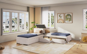 English Elm L-shaped Twin Platform Bed Set with Trundle Drawers and Center Table in Beige Linen GX000531AAA