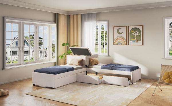 English Elm L-shaped Twin Platform Bed Set with Trundle Drawers and Center Table in Beige Linen GX000531AAA