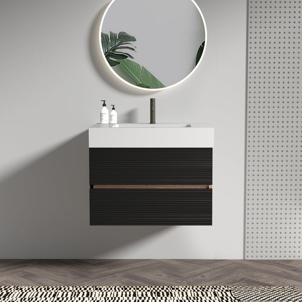 English Elm 30' Mid-Century Wall-Mounted Vanity with Oak-Tone Walnut Finish, Extra Storage & Soft-Close Drawers Black,Glossy White W1865S00171