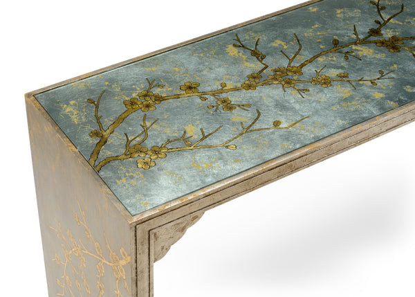Chelsea House Cherry Blossom Hand-Painted Console By Jamie Merida — Antique Silver & Gold-Leaf, Transitional Elegance 384662