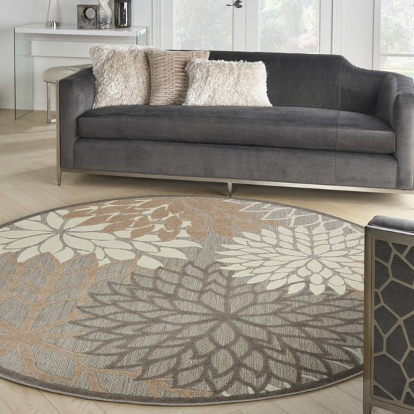 HomeRoots 5' Elegant Gray and Ivory Floral Area Rug for Indoor and Outdoor Spaces – Durable, Versatile Design 8' Round Round 384672