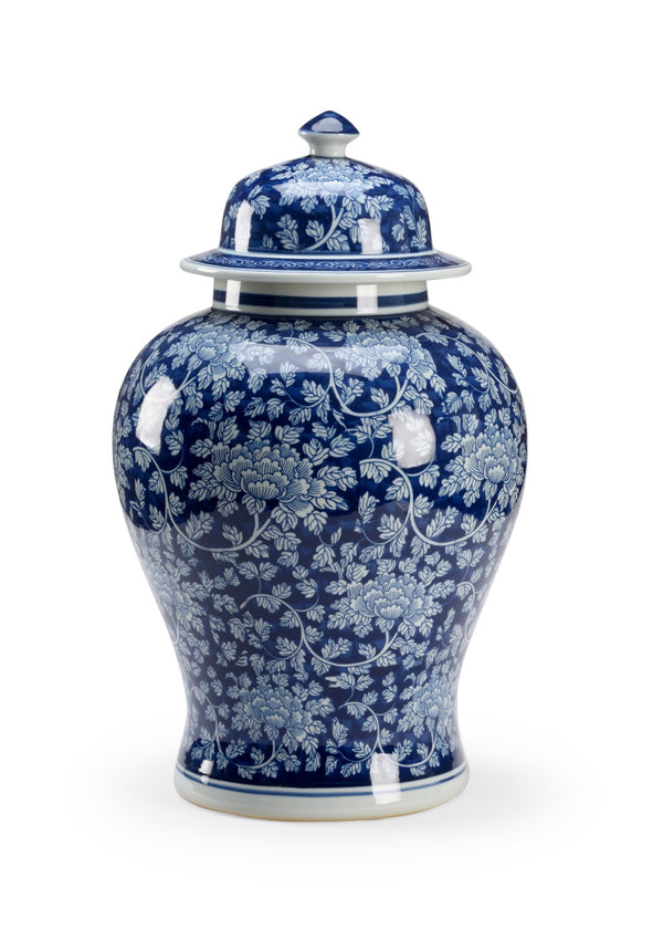 Chelsea House Large Clarke Vase — Hand-Painted Blue Ceramic Urn With Removable Lid, White Vine Motif, Statement Decor 384692