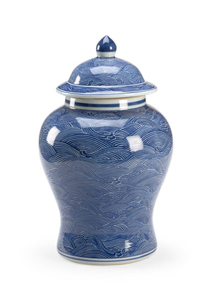 Chelsea House Ocean Ginger Jar Hand-Painted Blue & White Wave Motif Lidded Ceramic Vase 19"H Coastal Accent 384698