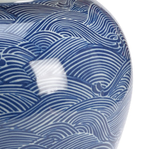 Chelsea House Ocean Ginger Jar Hand-Painted Blue & White Wave Motif Lidded Ceramic Vase 19"H Coastal Accent 384698