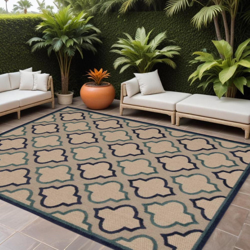 HomeRoots 8' Blue and Ivory Geometric Indoor Outdoor Rug – Stylish, Durable Design for Any Space Upgrade 8'x11' Area Rug Navy 384719