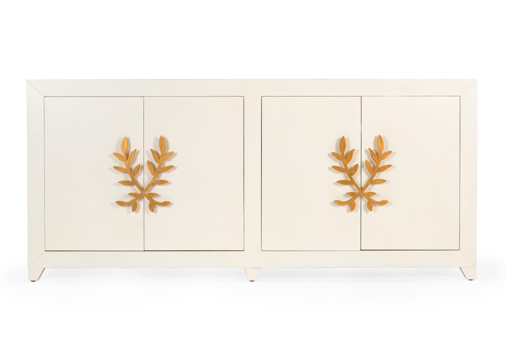 Chelsea House Longleaf Cabinet By Claire Bell — White Lacquer Solid Wood Display Cabinet With Gold Leaf Vine Handles 384727