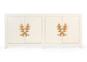 Chelsea House Longleaf Cabinet By Claire Bell — White Lacquer Solid Wood Display Cabinet With Gold Leaf Vine Handles 384727