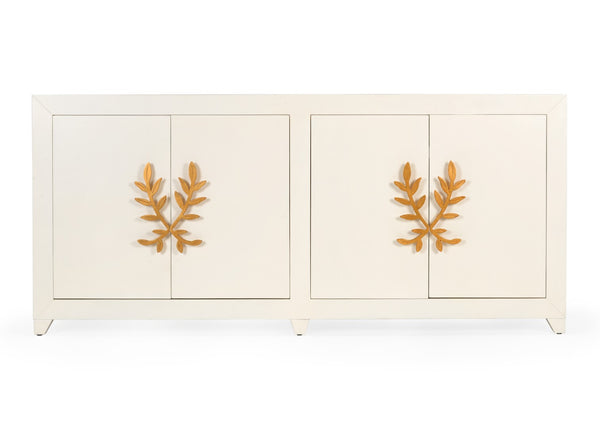Chelsea House Longleaf Cabinet By Claire Bell — White Lacquer Solid Wood Display Cabinet With Gold Leaf Vine Handles 384727