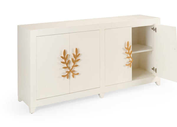 Chelsea House Longleaf Cabinet By Claire Bell — White Lacquer Solid Wood Display Cabinet With Gold Leaf Vine Handles 384727