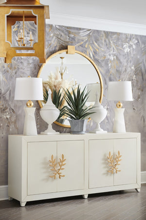 Chelsea House Longleaf Cabinet By Claire Bell — White Lacquer Solid Wood Display Cabinet With Gold Leaf Vine Handles 384727