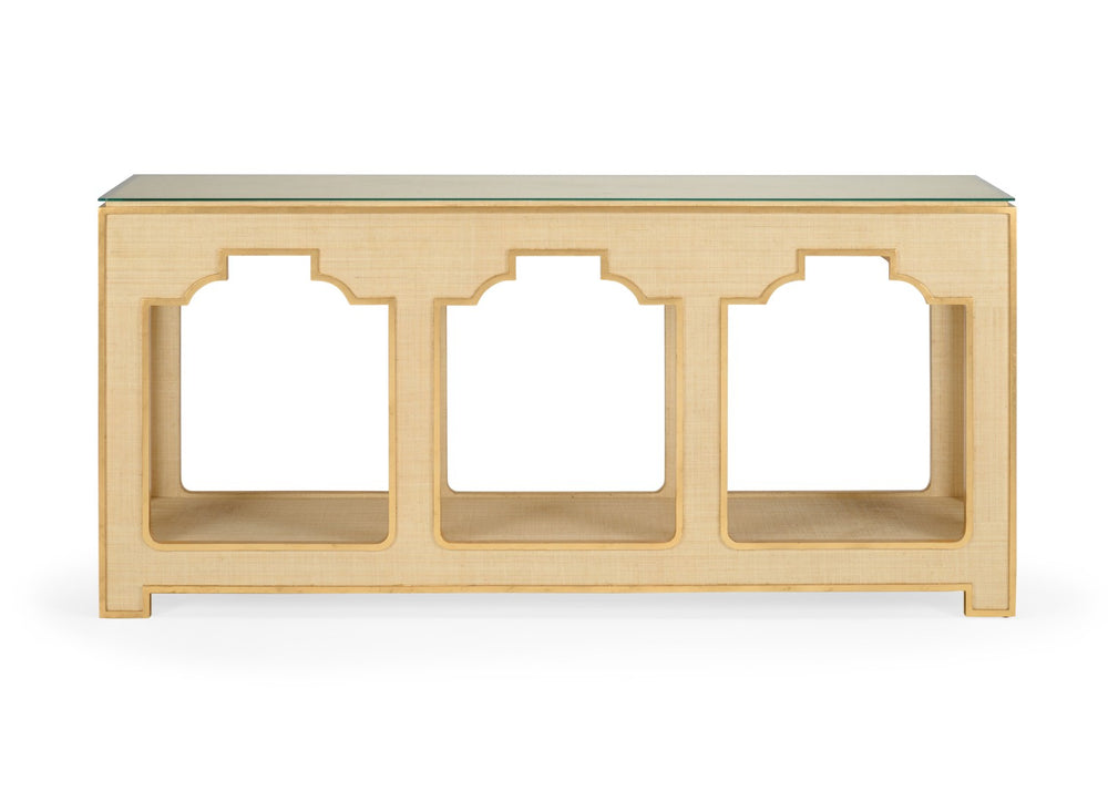 Chelsea House Yangon Raffia Console With Gold Accents & Tempered Glass Top — Slim Entryway Table By Jamie Merida 384729