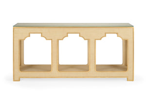 Chelsea House Yangon Raffia Console With Gold Accents & Tempered Glass Top — Slim Entryway Table By Jamie Merida 384729