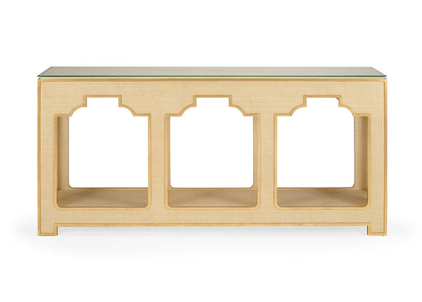 Chelsea House Yangon Raffia Console With Gold Accents & Tempered Glass Top — Slim Entryway Table By Jamie Merida 384729