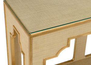 Chelsea House Yangon Raffia Console With Gold Accents & Tempered Glass Top — Slim Entryway Table By Jamie Merida 384729