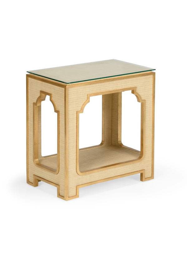 Chelsea House Yangon Raffia Side Table With Tempered Glass Top, Gold Leaf Accents — Handcrafted Coastal Boho Chic 384733