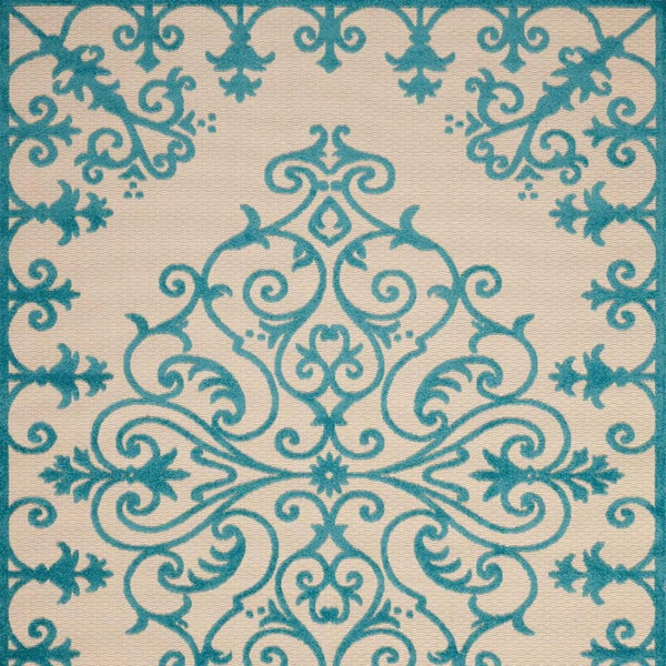 HomeRoots 8' Aqua Damask Area Rug – Elegant Indoor/Outdoor Carpet for Patios, Living Rooms, and Entryways 8' X 11' 384734