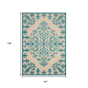 Homeroots 8' Aqua Damask Area Rug - Stylish Indoor Outdoor Accent For Timeless Elegance And Warmth 8' X 11' Polypropylene 384734