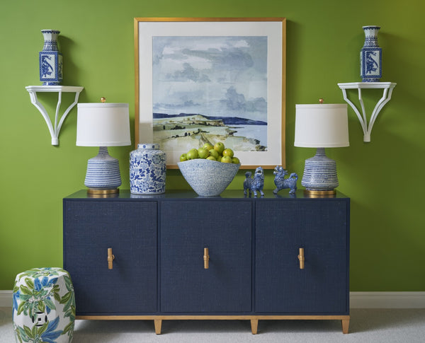 Chelsea House Avery Navy Console With Raffia Doors, Gold-Leaf Hardware — Claire Bell Design, Storage & Style 384740