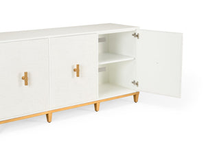 Chelsea House Avery White Console With Raffia Doors & Gold Leaf Pulls — Coastal-Modern Entryway Storage 384741