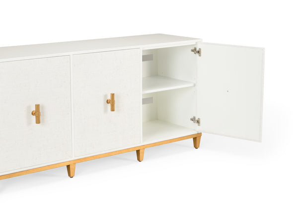 Chelsea House Avery White Console With Raffia Doors & Gold Leaf Pulls — Coastal-Modern Entryway Storage 384741