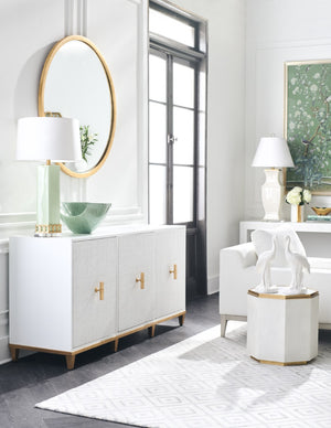 Chelsea House Avery White Console With Raffia Doors & Gold Leaf Pulls — Coastal-Modern Entryway Storage 384741