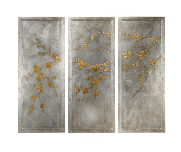 Chelsea House Cherry Blossom Triptych By Jamie Merida — Hand-Painted Panels With Antique Silver Leaf, 54"X66" Ready To Hang 384754