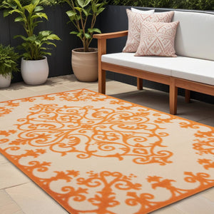 HomeRoots 8' Aqua Damask Area Rug – Elegant Indoor/Outdoor Carpet for Patios, Living Rooms, and Entryways 8 x 11 Orange 384756
