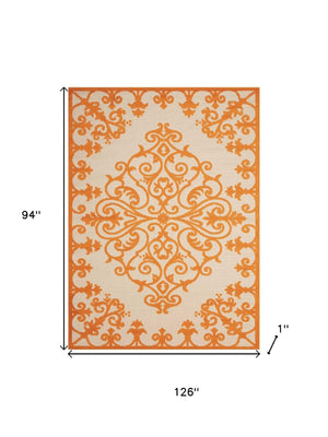 HomeRoots 8' Aqua Damask Area Rug – Elegant Indoor/Outdoor Carpet for Patios, Living Rooms, and Entryways 8 x 11 Orange 384756