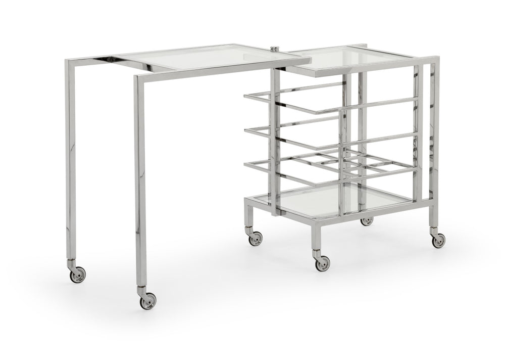 Chelsea House Rankin Polished Nickel Bar Cart With 6-Bottle Rack, Clear Shelves, Swivel Access & Locking Casters 384786