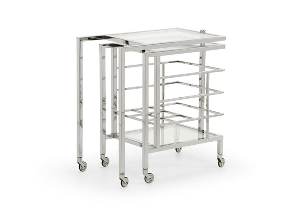 Chelsea House Rankin Polished Nickel Bar Cart With 6-Bottle Rack, Clear Shelves, Swivel Access & Locking Casters 384786