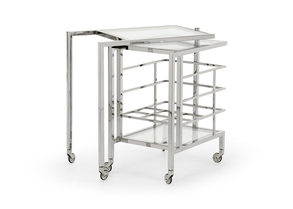 Chelsea House Rankin Polished Nickel Bar Cart With 6-Bottle Rack, Clear Shelves, Swivel Access & Locking Casters 384786
