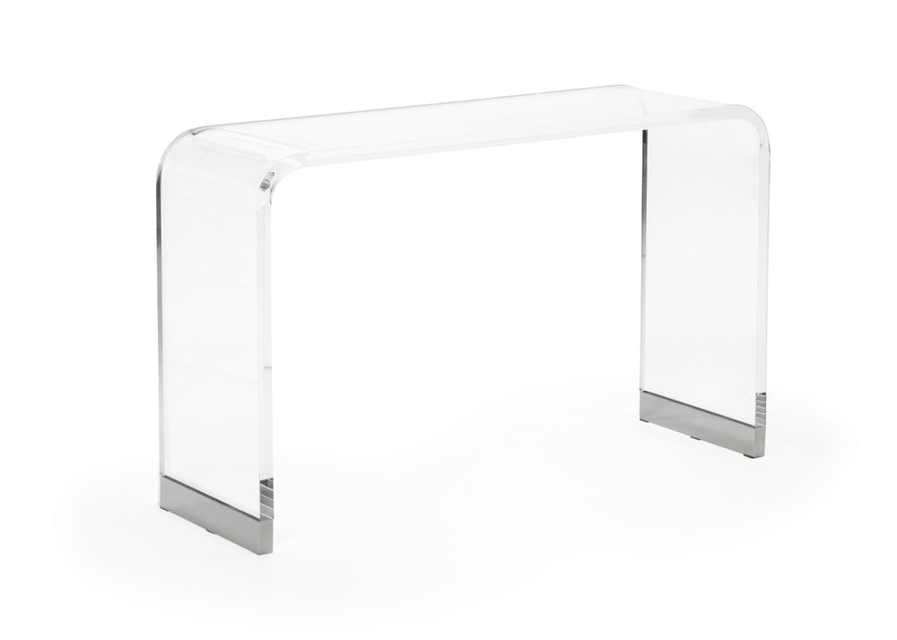 Chelsea House Waterfall Clear Acrylic Console With Polished Nickel Caps, Sculptural Waterfall Edge 45"W Elegance 384789