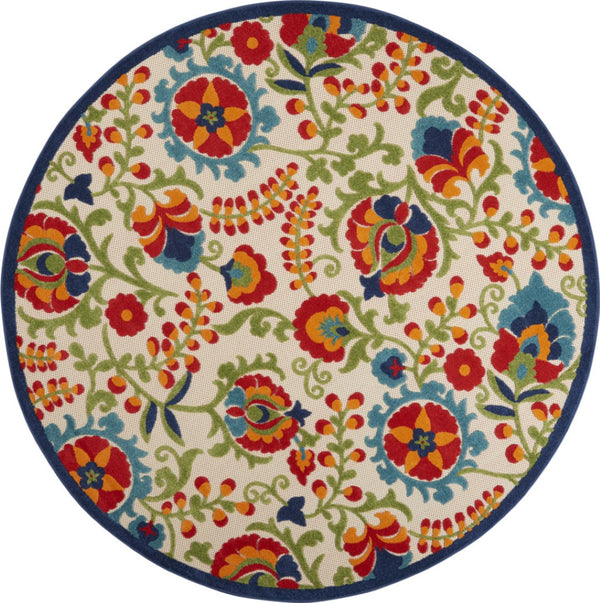 HomeRoots 5' Timeless Green and Ivory Floral Area Rug for Indoor and Outdoor Spaces – Durable & Elegant Design 5' Round Area Rug 384796