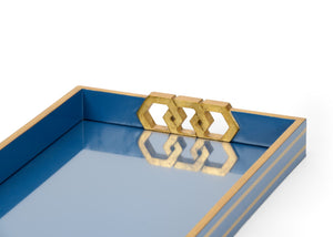Chelsea House Copas Luxe Blue Serving Tray With Satin Gold Honeycomb & Pinstripe — 24" Decorative Centerpiece 384804