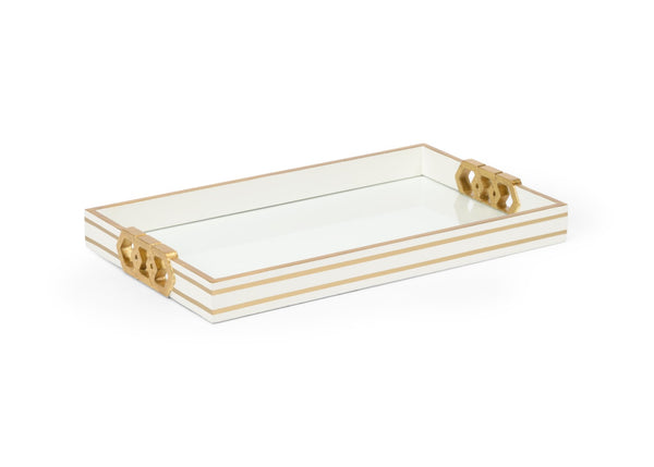 Chelsea House Copas Elegant Serving Tray In White With Satin Gold Honeycomb & Pinstripe — 24" X 14" Designer Piece 384807
