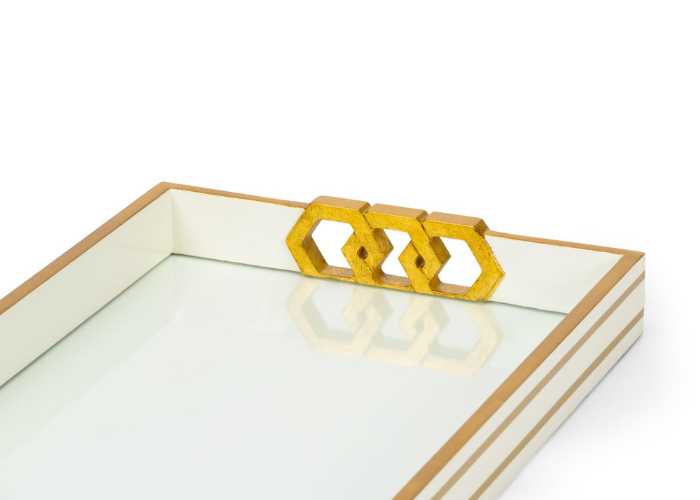 Chelsea House Copas Elegant Serving Tray In White With Satin Gold Honeycomb & Pinstripe — 24" X 14" Designer Piece 384807