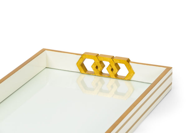 Chelsea House Copas Elegant Serving Tray In White With Satin Gold Honeycomb & Pinstripe — 24" X 14" Designer Piece 384807