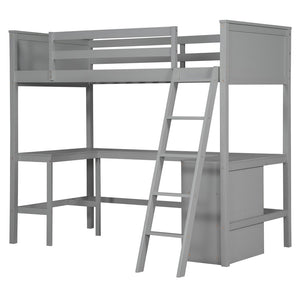 English Elm Twin Loft Bed with Built-in Desk and Open Shelves Solid Pine Kids Study Sleep Gray LT001537AAE-1
